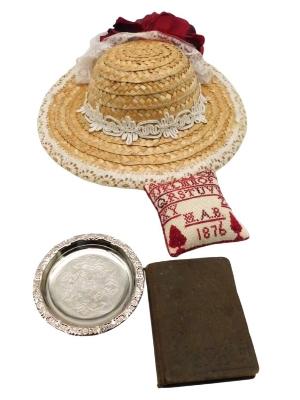 Lot of 18" Lace Trim Doll Accessories Hat Needlepoint Pillow Book Silver Plate